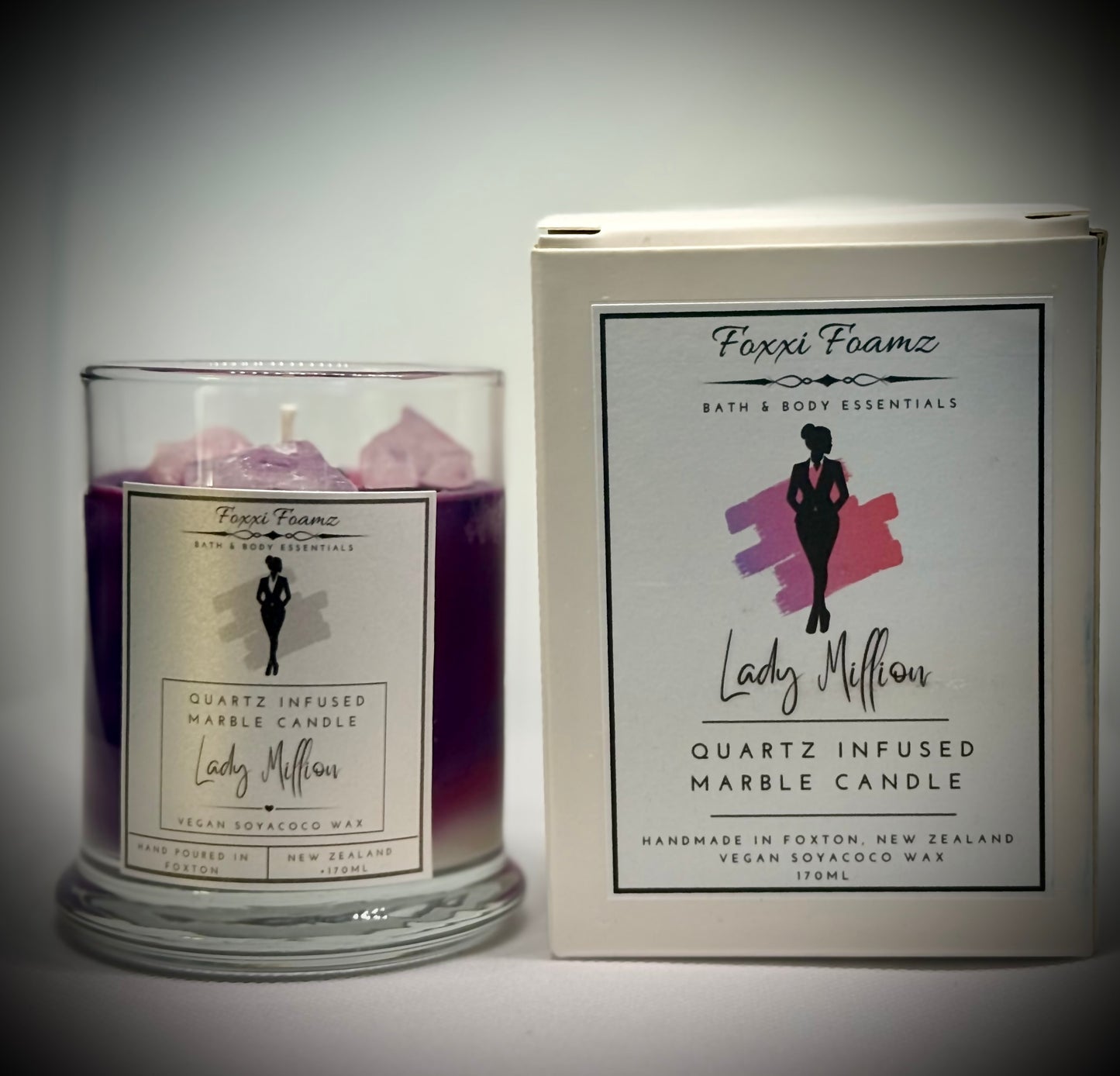 Lady Million Red & Purple Marble Candle with Quartz gemstone