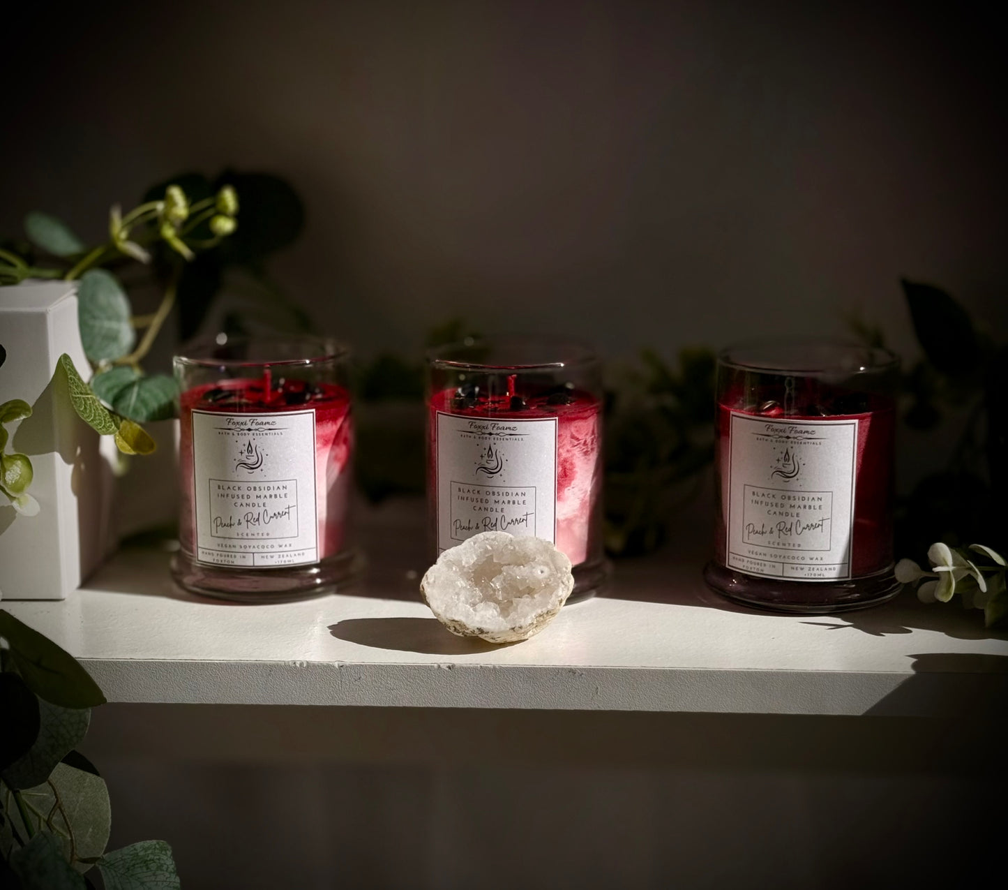 Peach and Red Currant Marble Candle Black Obsidian Infused